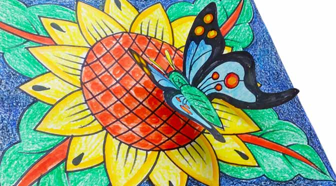 Pollinators in Action – Talavera Pottery (3-D Drawing/Collage with Crayons). Free Live Zoom Art Workshop. Wednesday 5/1/2024 at 5:00 PM